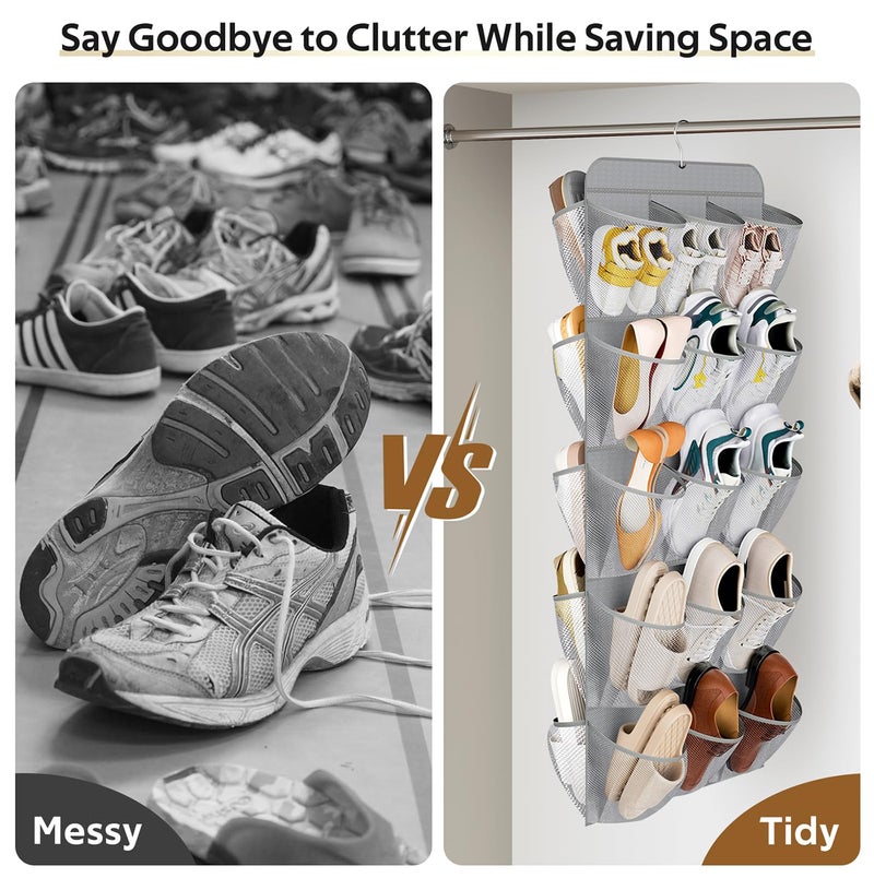 MISSLO 30 Large Pockets Dual Sided Hanging Shoe Organizer for Closet with Rotating Hanger Hanging Shoe Shelves, Grey - Image 4